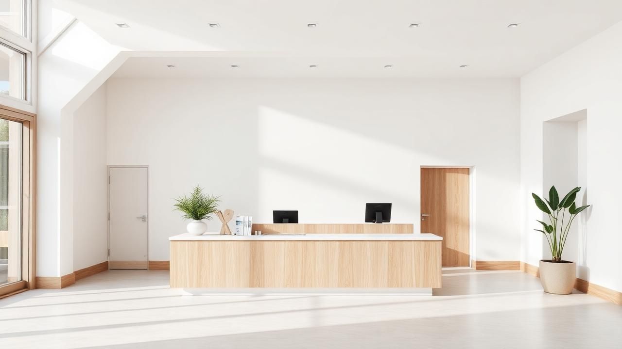 Mostrador moderno y minimalista en un espacio de servicios luminoso