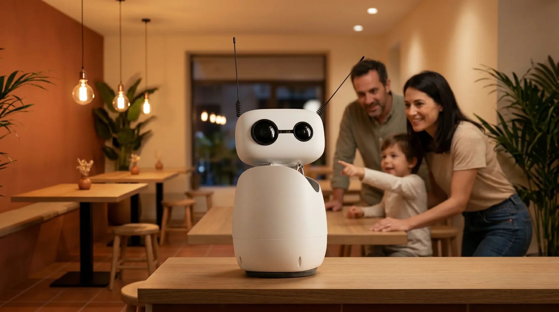 Robot Yelloway saludando a clientes en una cafetería