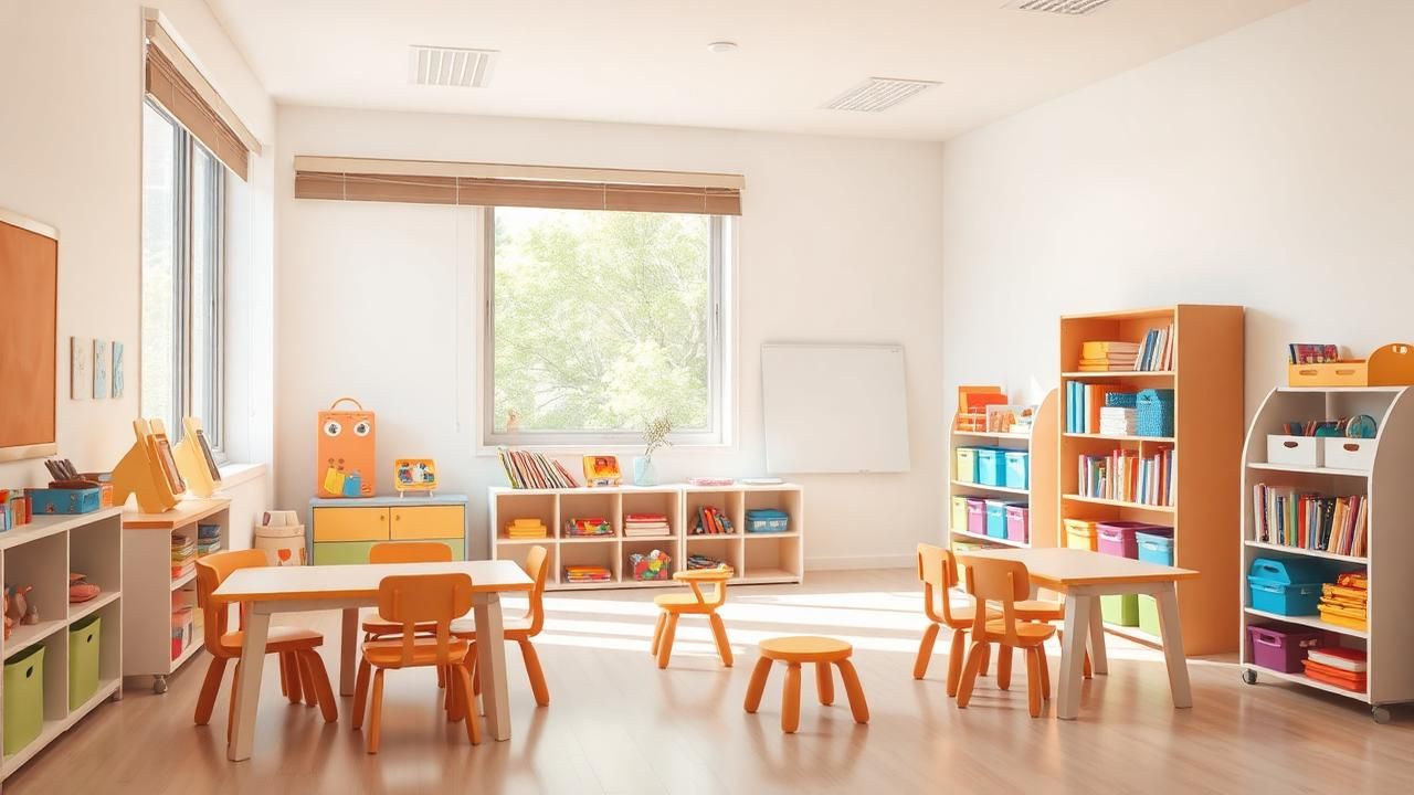 Aula infantil colorida con sillas pequeñas y estanterías de libros