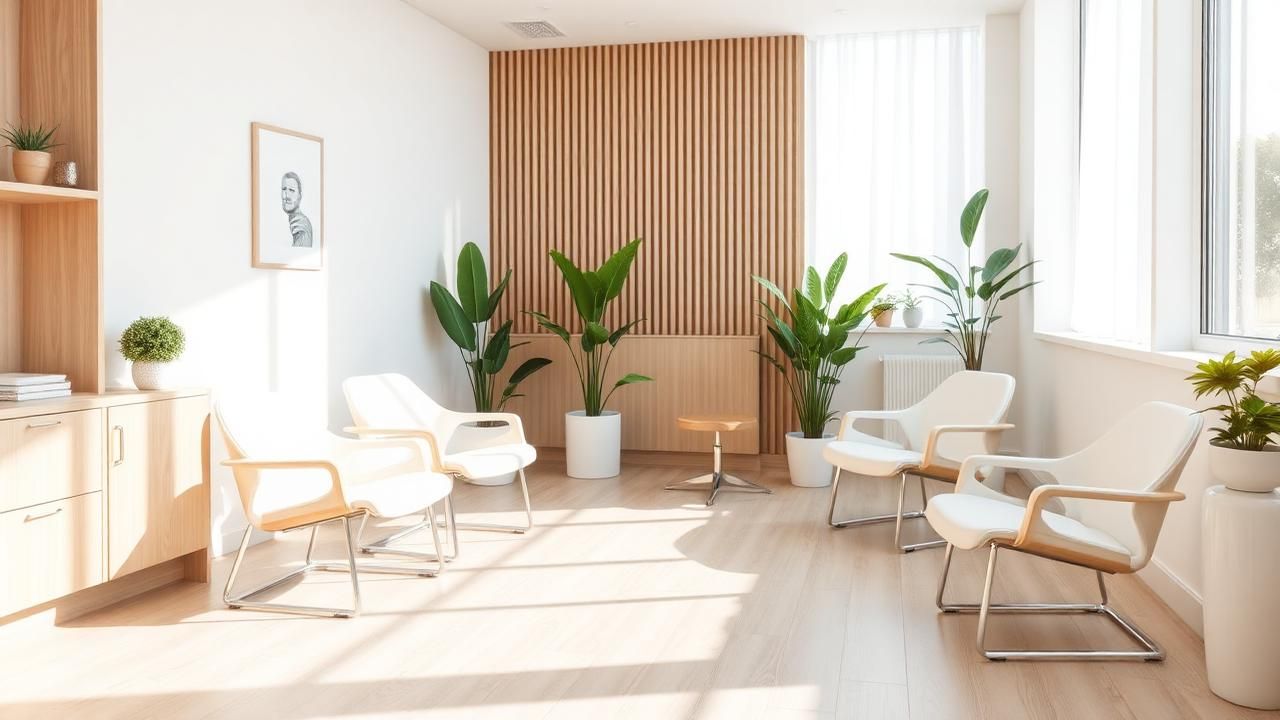Sala de espera luminosa de una clínica dental con sillones y plantas