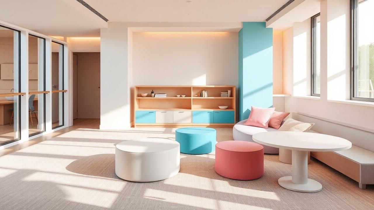 Zona infantil luminosa de un hotel con mobiliario pastel