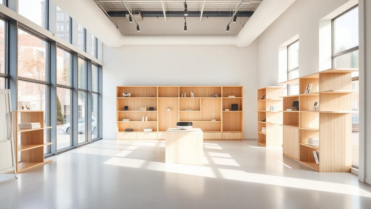 Showroom moderno luminoso con estanterías de madera clara