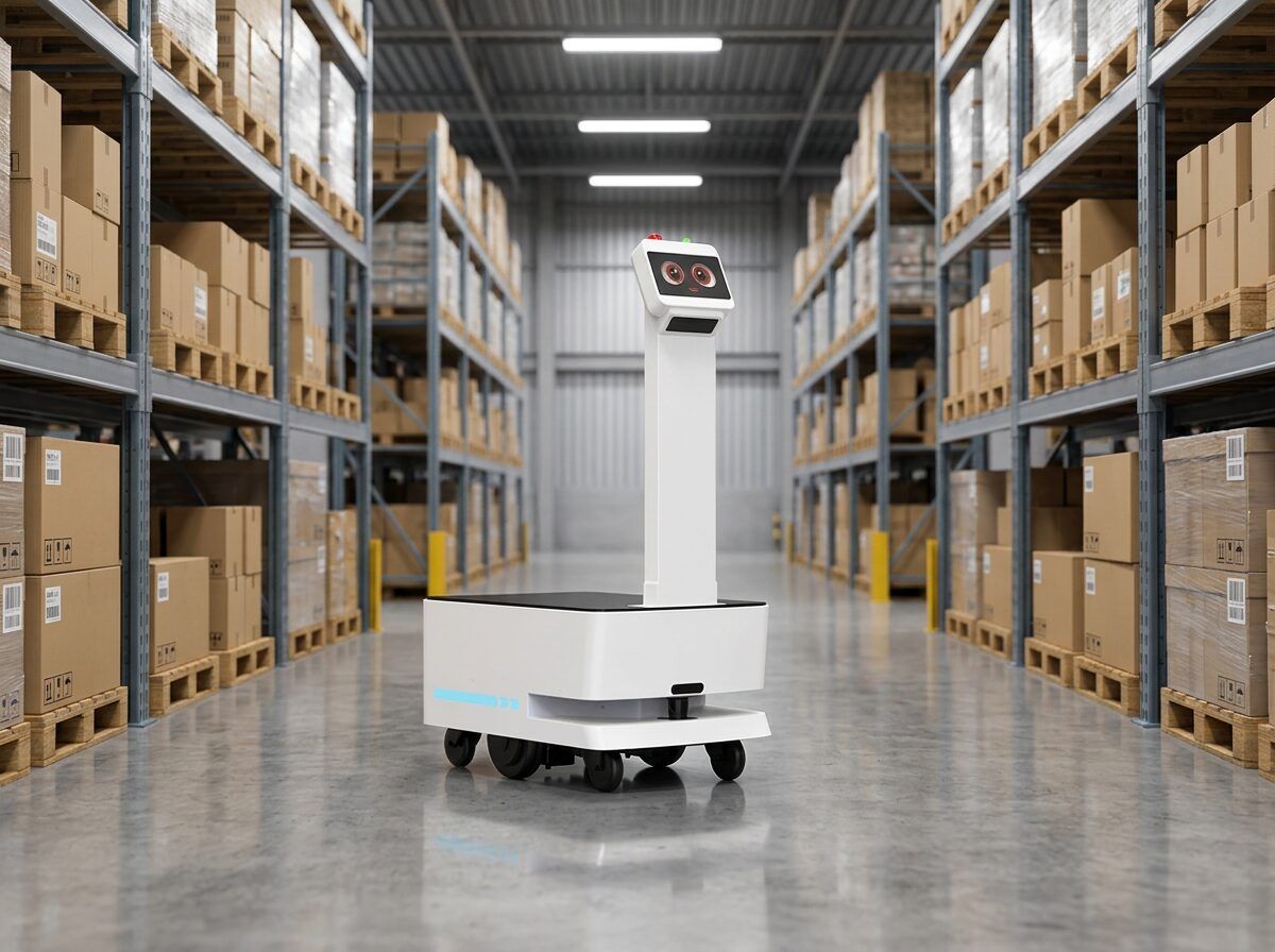 Robot AMR de transporte y paletización moviendo un palet con cajas en un almacén logístico